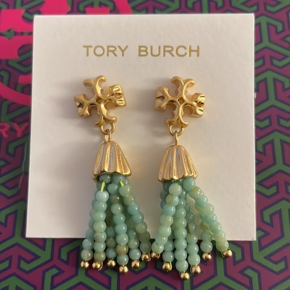 Tory Burch Roxanne Tassel Drop Earrings Mint Green Beaded Gold Tone Statement